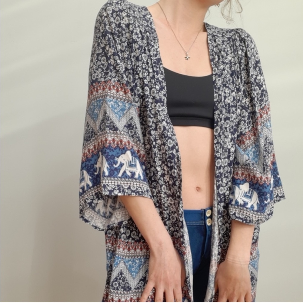 Skies Are Blue Elephant Print Boho Kimono Cardigan Small Rayon